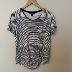 Ralph Lauren Black and White Striped Knot-Front Short Sleeve Tee - Linen Blend